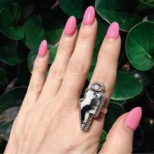 Zebra Jasper Moonstone Lightning Bolt Ring 925 Sterling Silver | Size 8